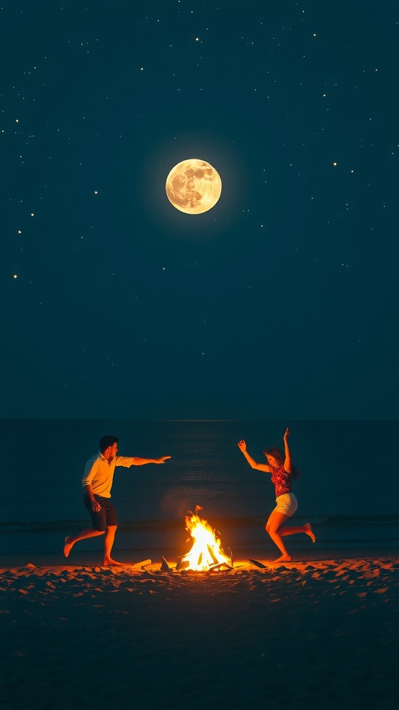 This enchanting image captures two people joyfully dancing around a campfire on a beach at night. Above them, a full moon shines brightly in a star-filled sky, casting a serene glow over the scene. The moon's reflection shimmers gently on the water, adding to the magical ambiance of the night.