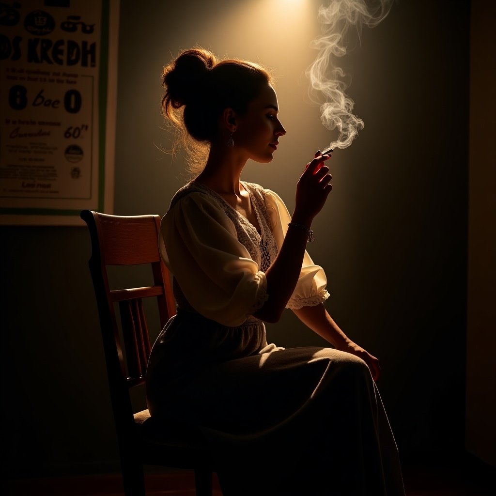 Dramatic portrait of a woman in traditional attire sitting on a wooden chair. Dimly lit room with warm light. Elegant bun hairstyle. Woman holds a cigarette, smoke curling upward. Nostalgic vintage poster visible. Focus on serene expression and silhouette, creating a dramatic atmosphere.