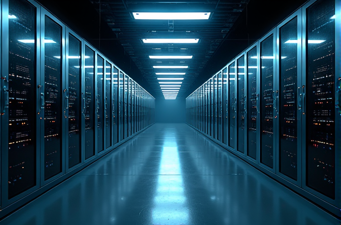 A long corridor in a data center filled with rows of illuminated servers under bright ceiling lights.