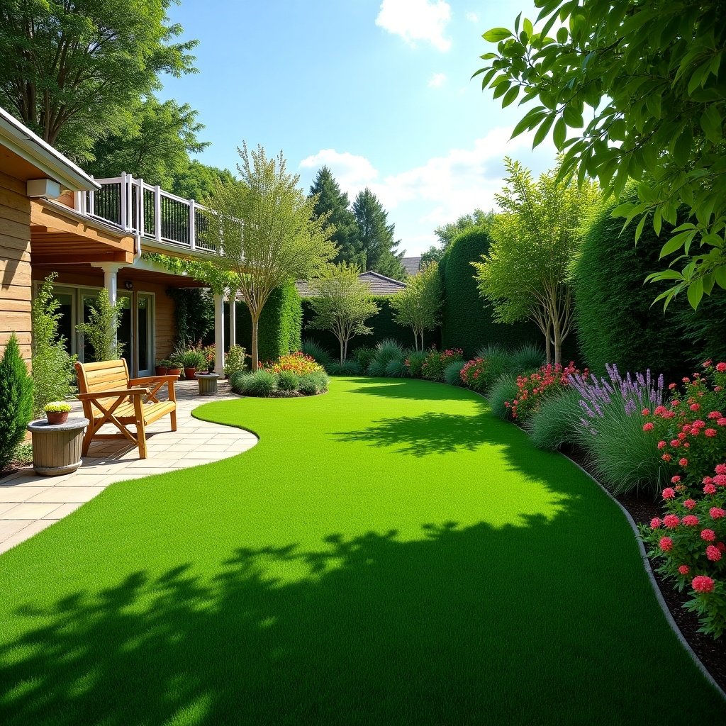 Image showcasing a beautiful backyard with artificial grass. Vibrant green lawn. Surrounded by bushes and flowers. Cozy seating area with wooden bench. Bright sunny day. Ideal for landscaping inspiration.