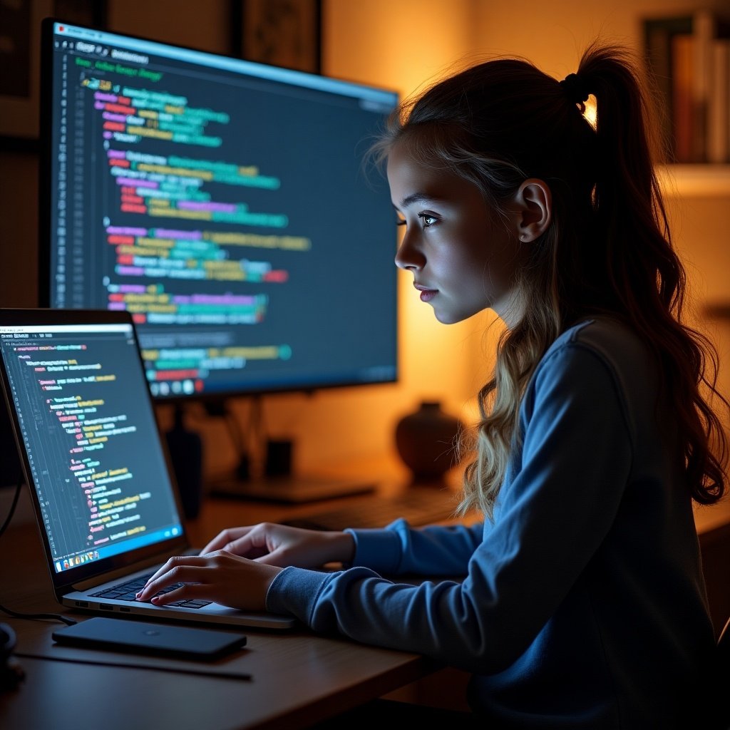 Display greeting message through coding. Female developer working on a laptop with screens in background. Coding environment with colorful code on monitors.