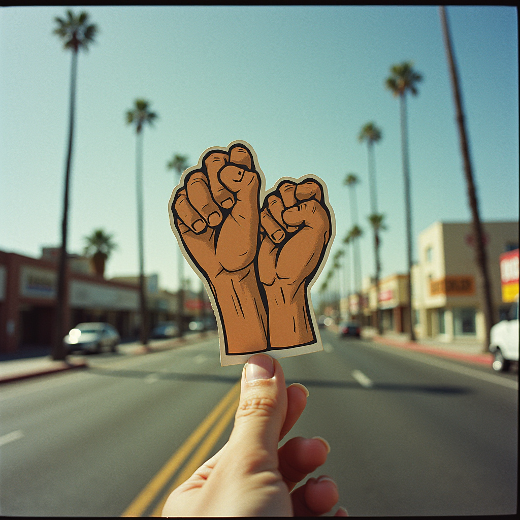 A hand holds up a sticker of raised fists in the foreground, with a sunny street lined with palm trees and buildings in the background.