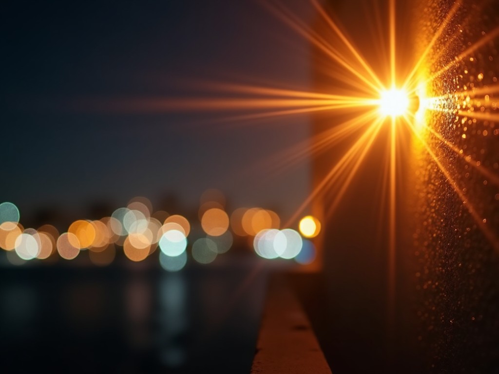 The image captures a bright and radiant light source near the top right, creating a lens flare effect with vivid streaks across a dark background. Below, a series of circular bokeh lights appear in soft focus, suggesting distant city lights reflecting over water. This photograph showcases a textured wall illuminated by a star-like light, with a focus on the warm glow of the light, which adds depth and interest. In the background, blurred city lights twinkle like stars in the distance, creating a dreamy ambiance. The reflection on the water adds tranquility to the scene, blending urban aesthetics and natural beauty for artistic exploration.