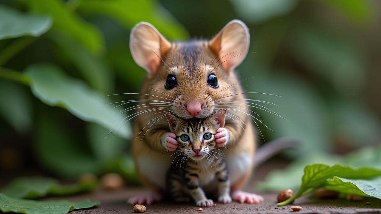 A larger mouse gently holds a tiny tabby cat with green eyes. The scene is set outdoors among lush green leaves. The mouse shows a focused expression. This image captures the textures of both animals and the surrounding foliage.