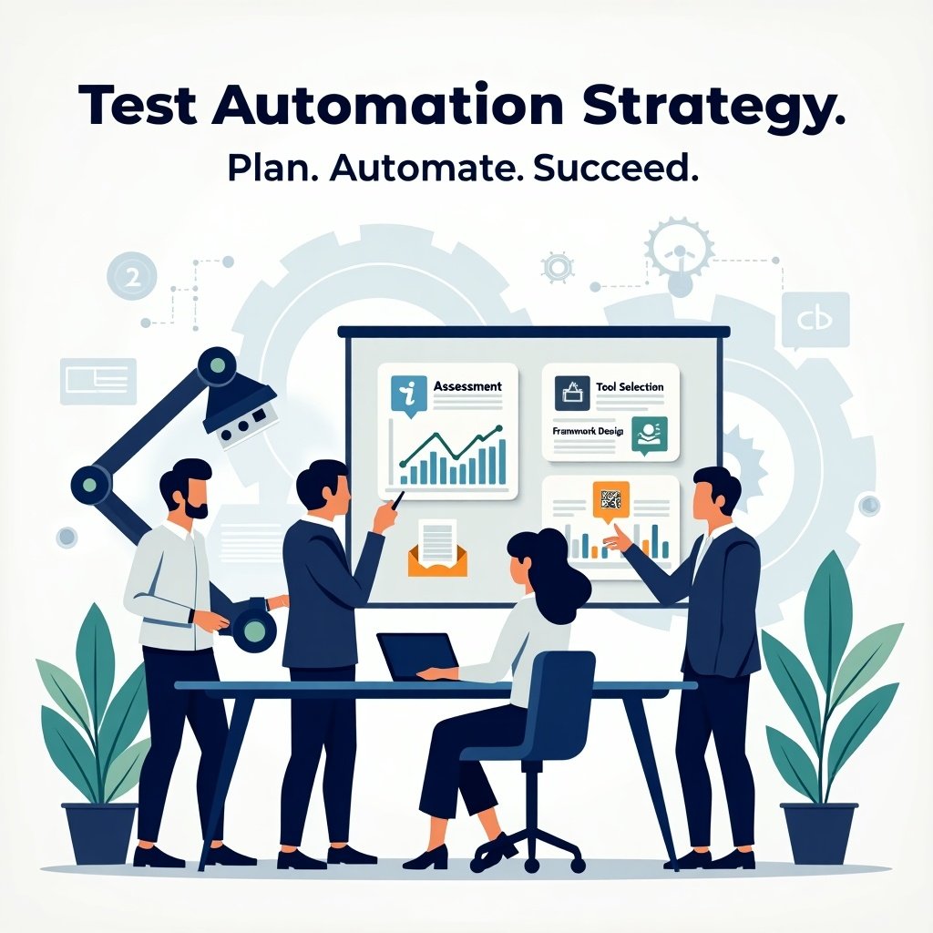 Visual representation for Test Automation Strategy. Team collaborating around a table with documents and laptops. Robotic arm and flow diagrams in the background. Flowchart on a screen showcasing steps. Use cool tones like blue and gray with green and orange accents. Title and subtitle overlay in clean typography.