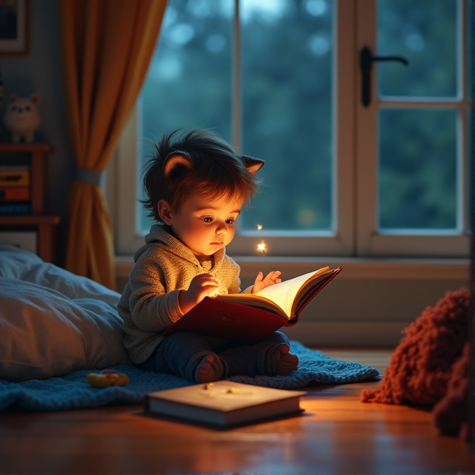 A young child with animal ears sits by a window, absorbed in a glowing, magical book.