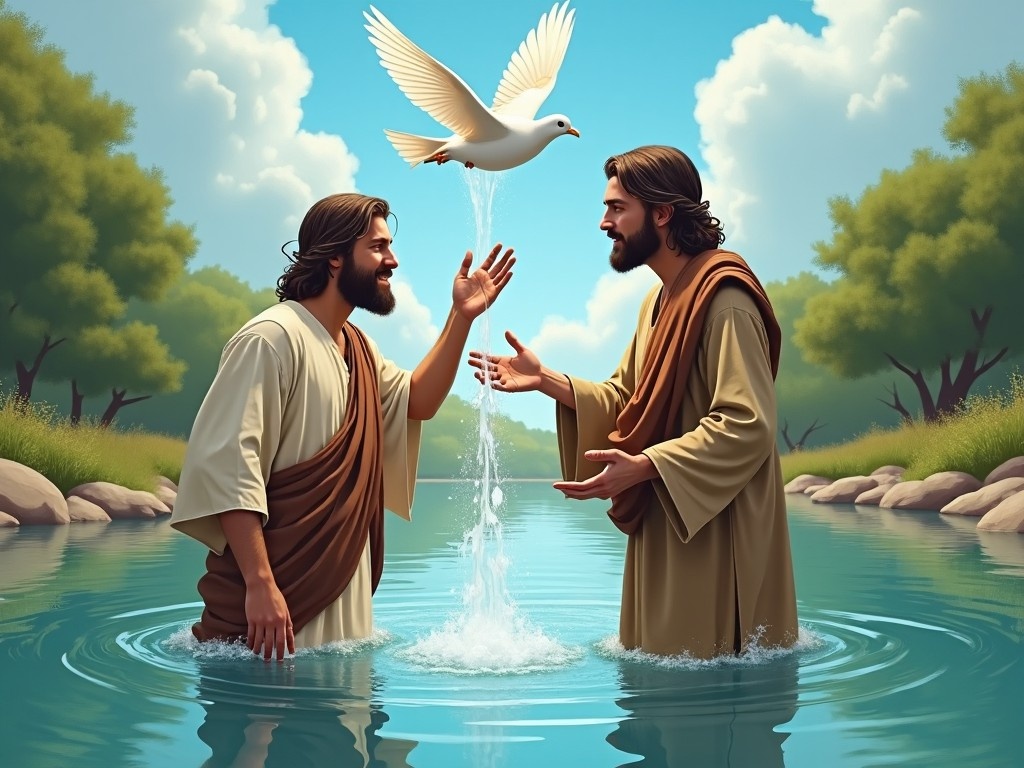 The scene depicts the baptism of Jesus in the Jordan River by John the Baptist. Jesus is partially submerged in water, reaching out with one hand. John the Baptist stands next to him, extending his hand in a welcoming gesture. Above them, a dove descends from the heavens, symbolizing the Holy Spirit. The background features lush greenery and a serene blue sky, creating a peaceful atmosphere. This image captures a pivotal moment in Christian theology and highlights themes of divinity and baptism.