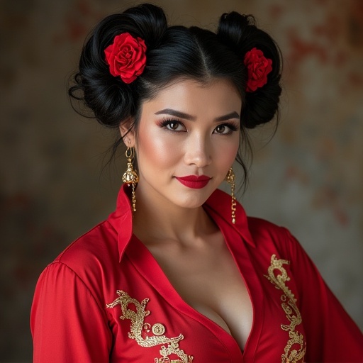 Mature woman in cosplay of Chun Li from Street Fighter. She wears a red blouse with gold embroidery. Hair styled in buns adorned with red roses. Elegant earrings complement the outfit. The focus is on the dress and hair accessories. Background is softly blurred to emphasize the subject.