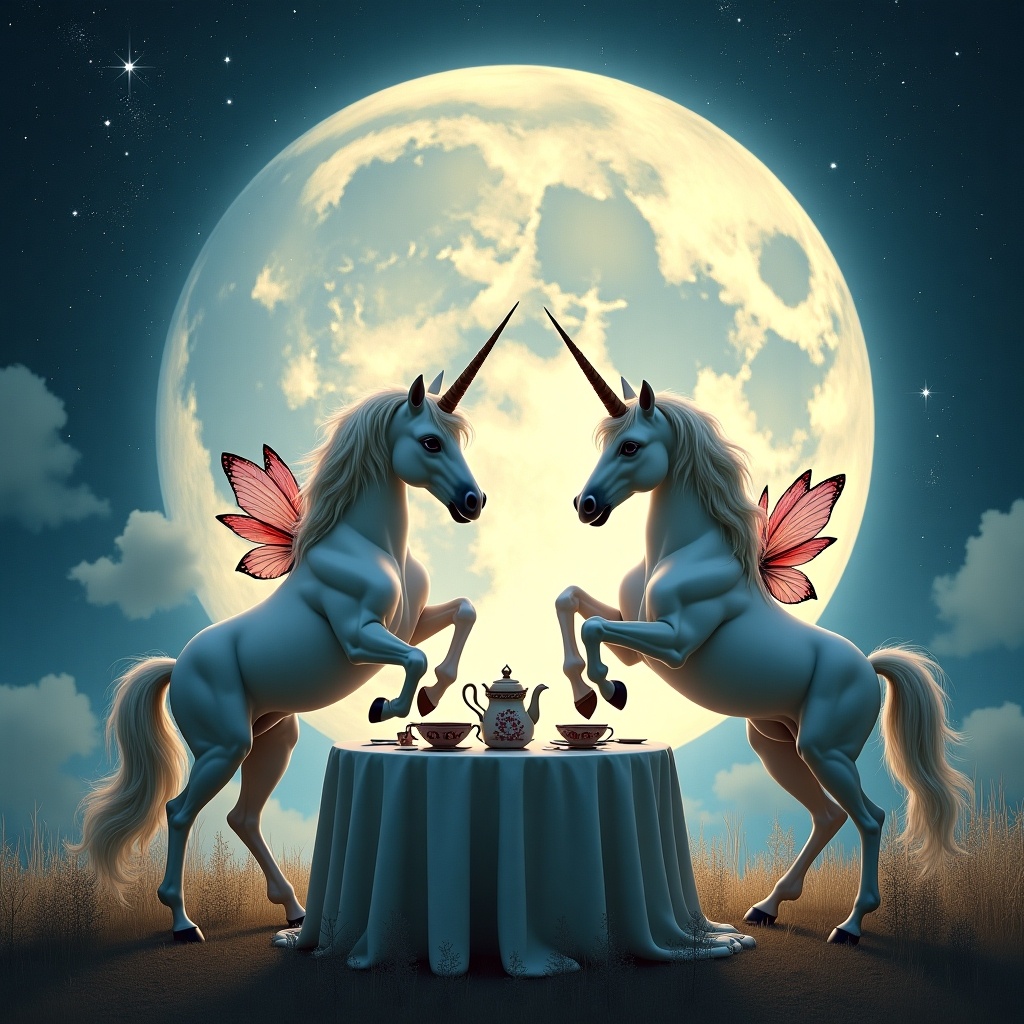 The image depicts two majestic unicorns with shimmering wings, engaging in a delightful tea party under a magnificent full moon. They are standing on their hind legs next to a beautifully set table adorned with teacups and a teapot. Vivid butterflies flutter around, adding to the enchanting atmosphere. The night sky sparkles with stars, enhancing the magical scene. This whimsical portrayal is perfect for a children's story or fantasy-themed artwork.