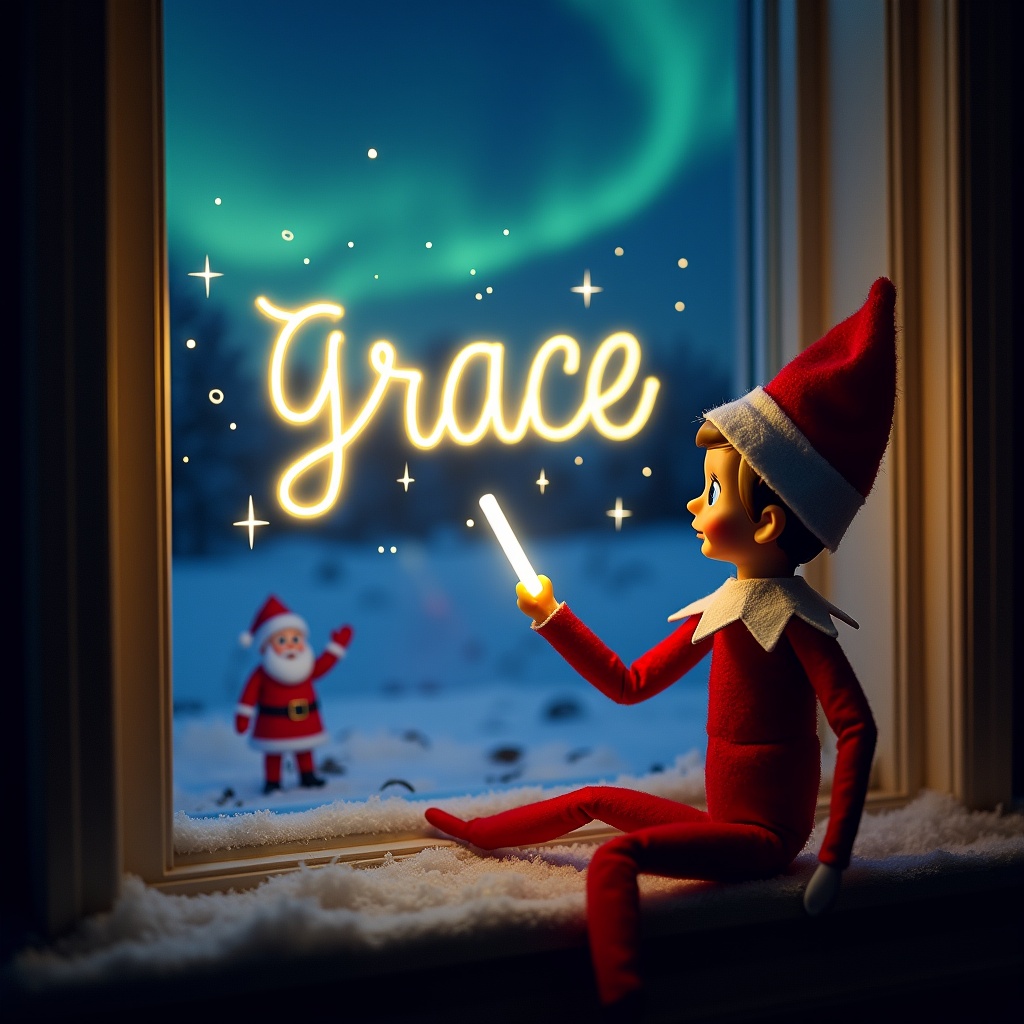 This image features an elf on the shelf character, dressed in traditional red and white attire. The elf is holding a glow stick that forms the name 'Grace' in bright, soft light. The background is dark, enhancing the glowing effect of the text. It creates a warm, festive atmosphere, embodying the joy of the holiday season. Outside the window, a snowy landscape can be seen, with a jolly Santa waving. The scene radiates a magical Christmas atmosphere, highlighted by twinkling stars and snowflakes.