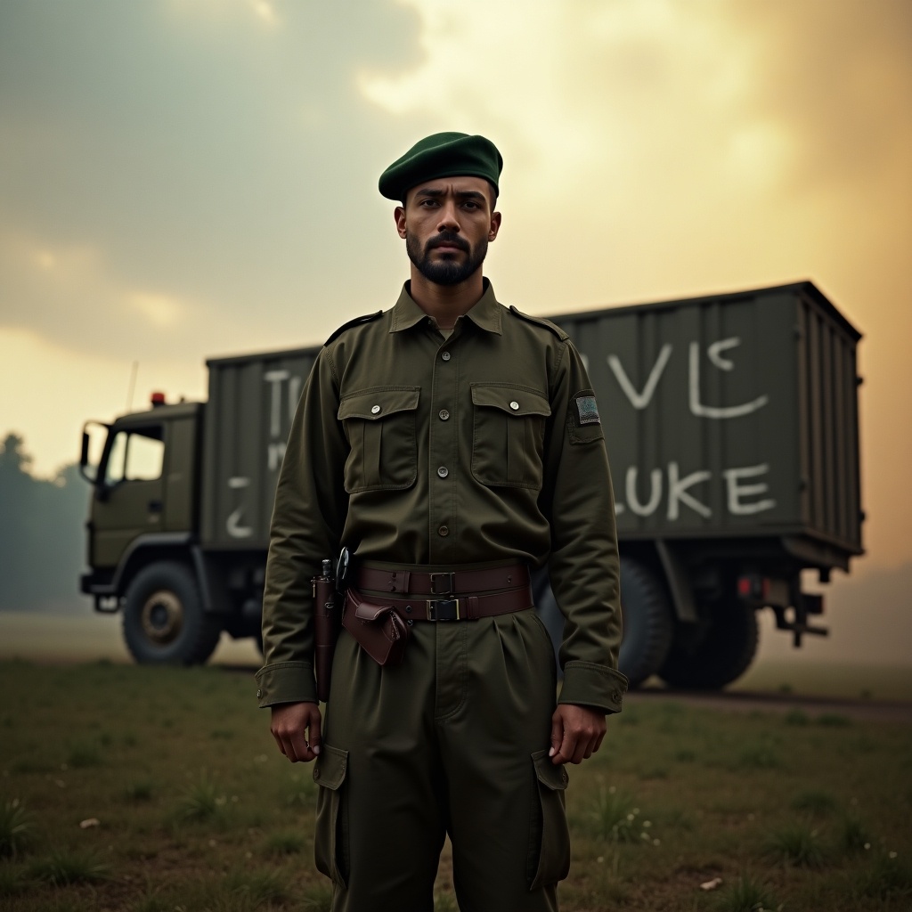 A man stands on grassy terrain in military attire. He is wearing a beret. The background shows a smoky scene with a military vehicle. The vehicle has painted text that is partially visible. The atmosphere feels tense and dramatic. The sky is cloudy with fiery light.