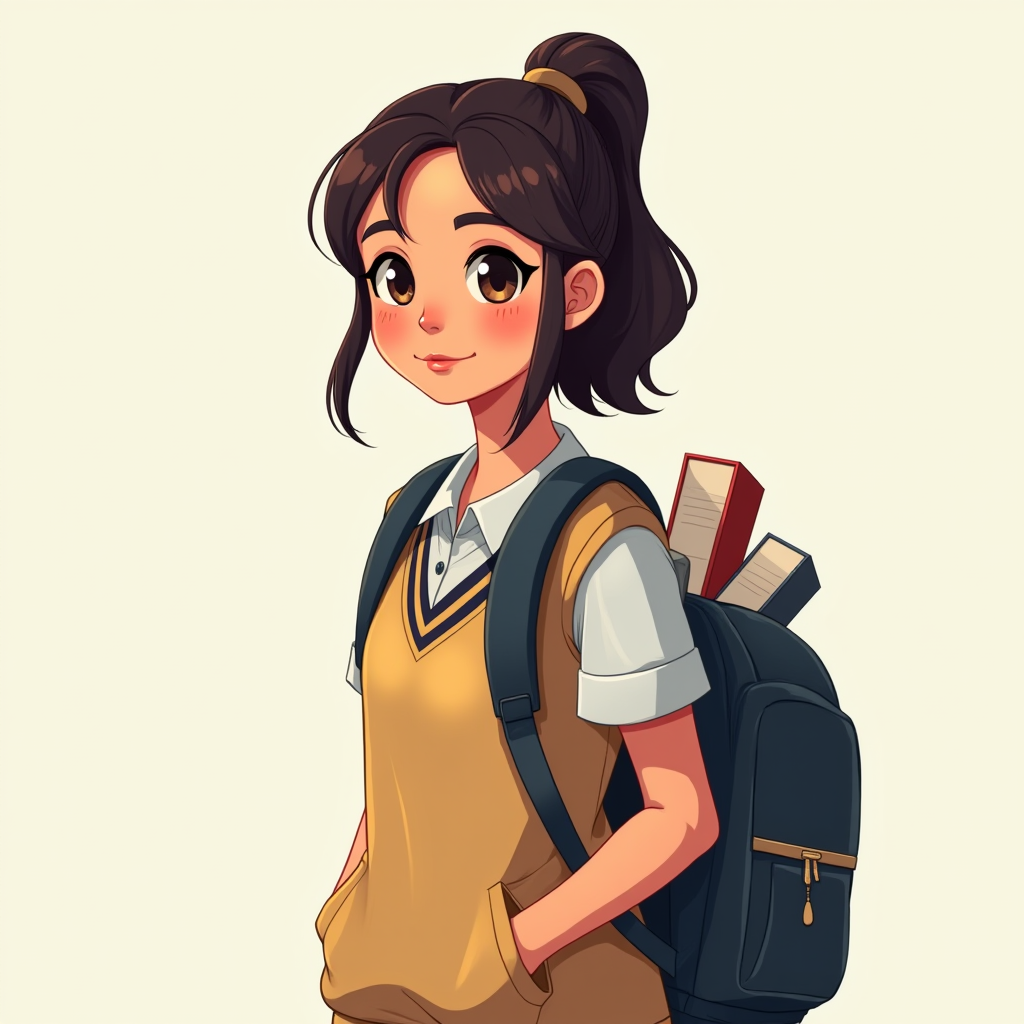 An anime-style illustration of a school girl with books in her backpack.