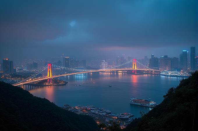 A brightly lit bridge spans across a river, with a city skyline in the background and boats on the water.