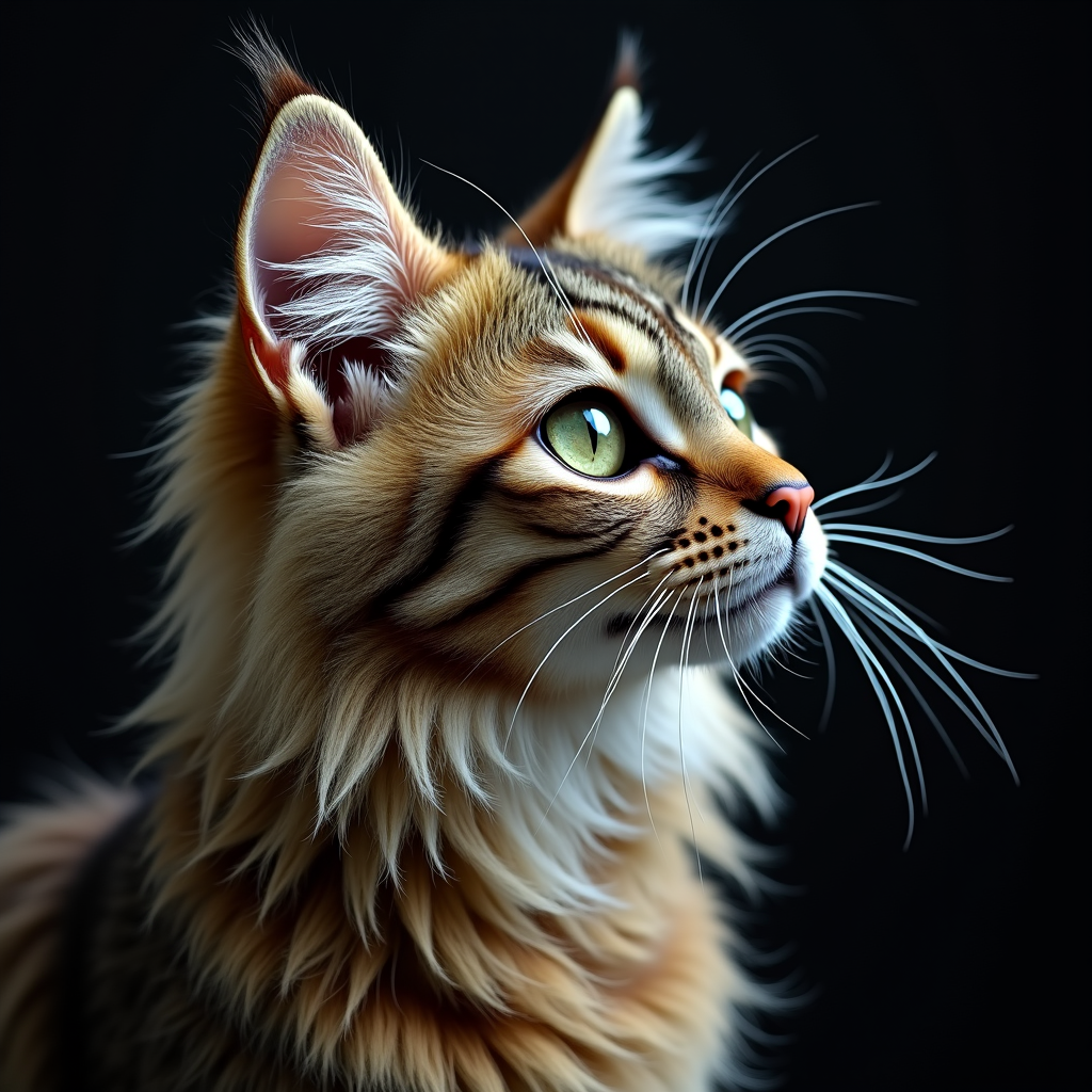 A detailed portrait of a Maine Coon cat with striking green eyes gazing attentively, showcasing its luxurious fur and distinct striped markings.