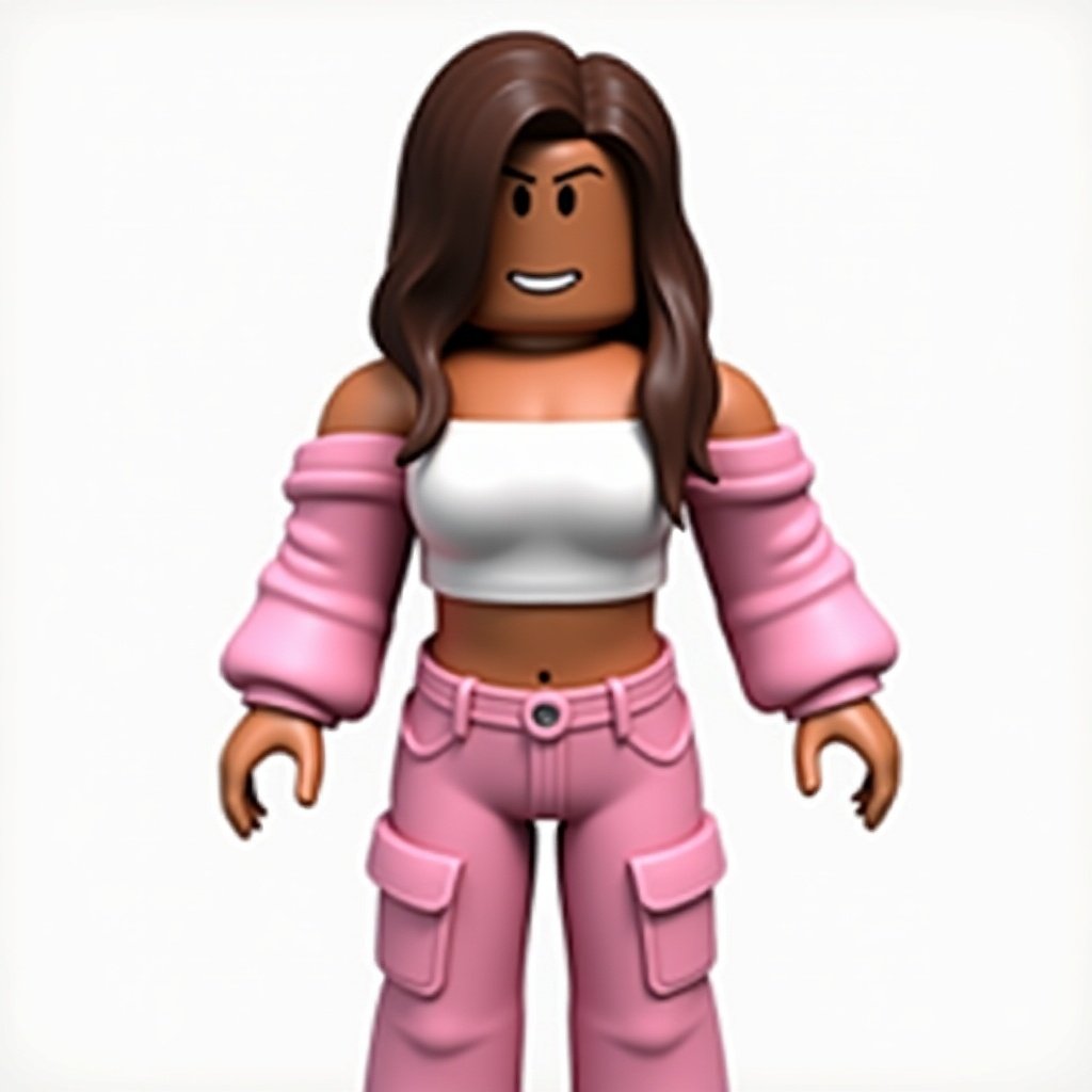 Image displays a digital character modeled in a Roblox style. Character dressing in a shoulder crop sweater and cargo pants. Wearing a white tube top. Features brown skin tone and wavy brown hair.