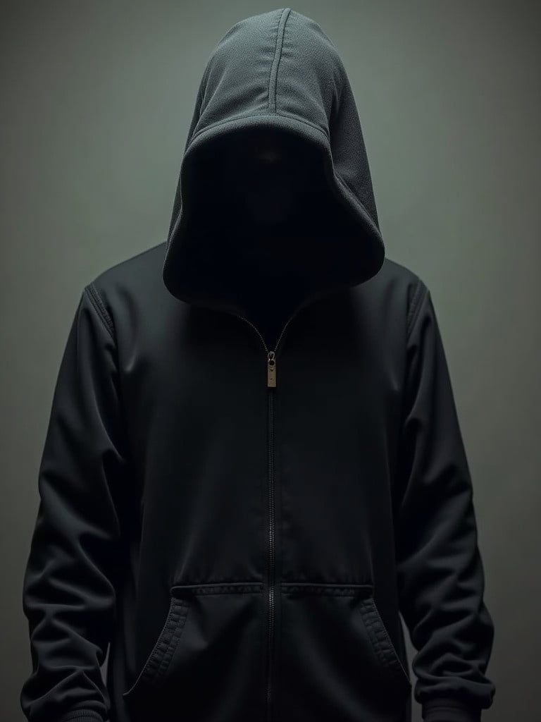 Human character in a black hoodie. Face is hidden under the hood. Clothing looks ragged. Posed to convey mystery and anonymity.