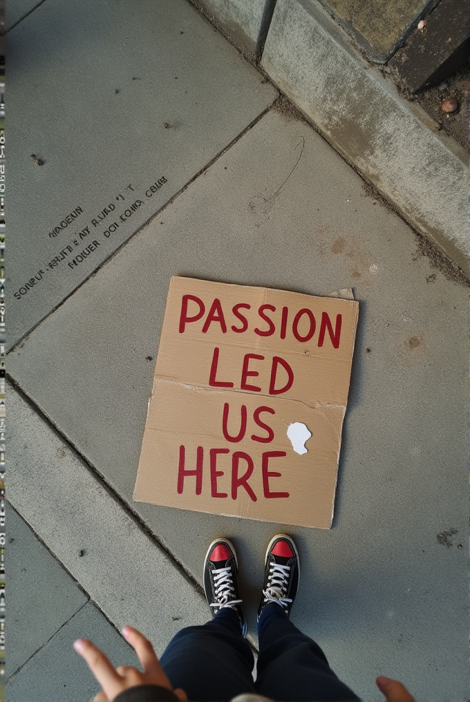 A person stands on a sidewalk with a cardboard sign saying 'PASSION LED US HERE' placed in front of them.