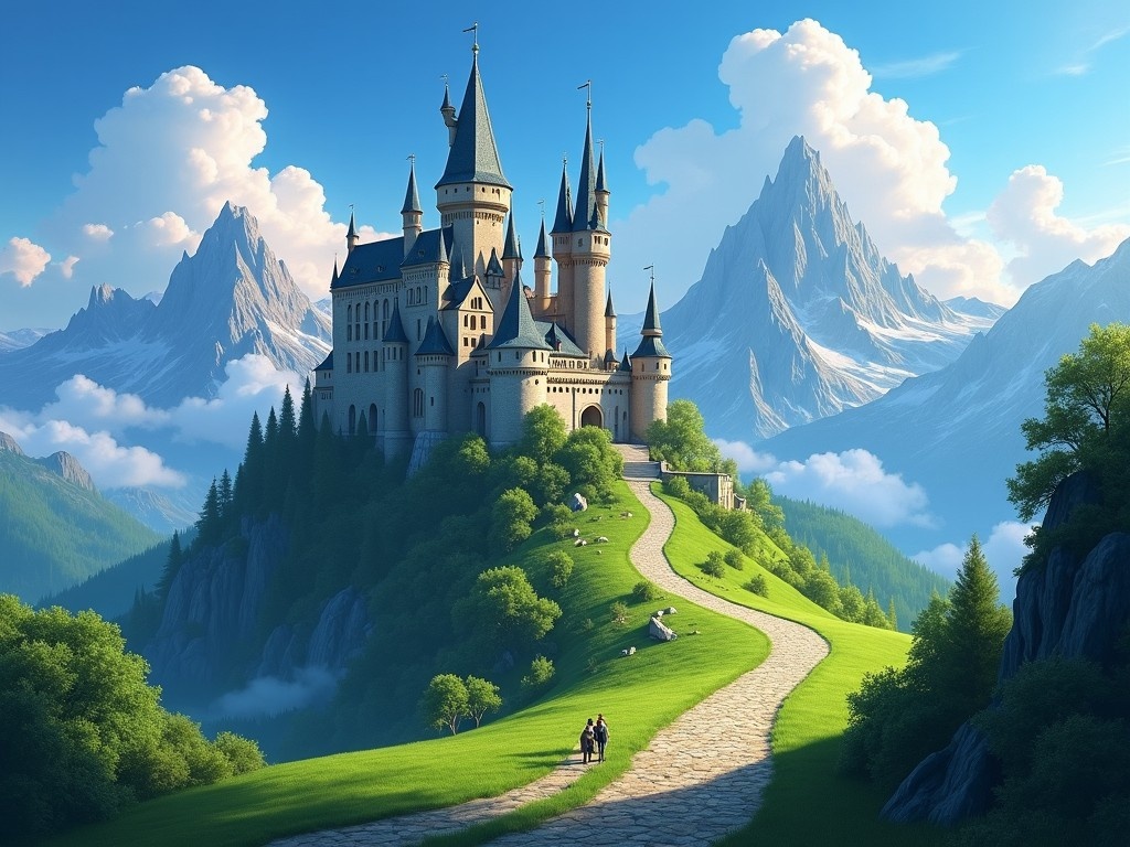 The image features a stunning castle perched atop a lush green hill, surrounded by majestic mountains. The castle has tall spires and intricate architectural details, conveying a sense of fantasy and adventure. The sky is bright blue with fluffy white clouds, enhancing the idyllic setting. A winding path leads towards the castle, with small figures walking along it, adding a sense of scale. This scene evokes a magical and enchanting atmosphere, inviting viewers into a fairy tale world.