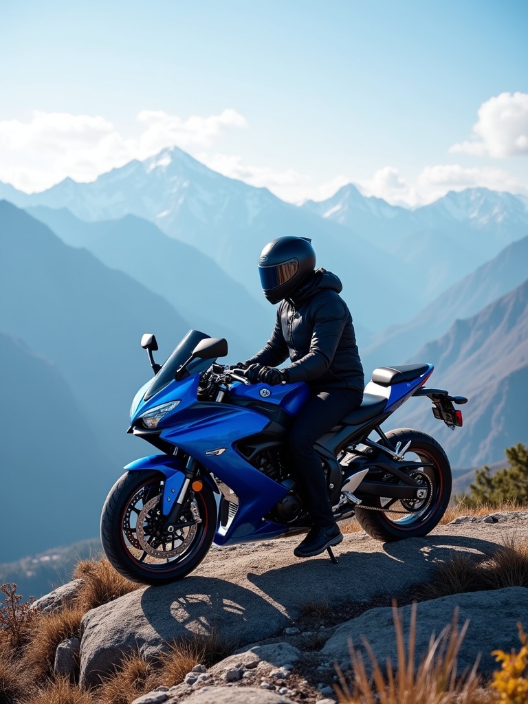 A stunning blue motorcycle rests on a mountain peak. A rider is seated on the motorcycle. Distant mountain ranges create a breathtaking backdrop. The sky is clear with a few clouds.