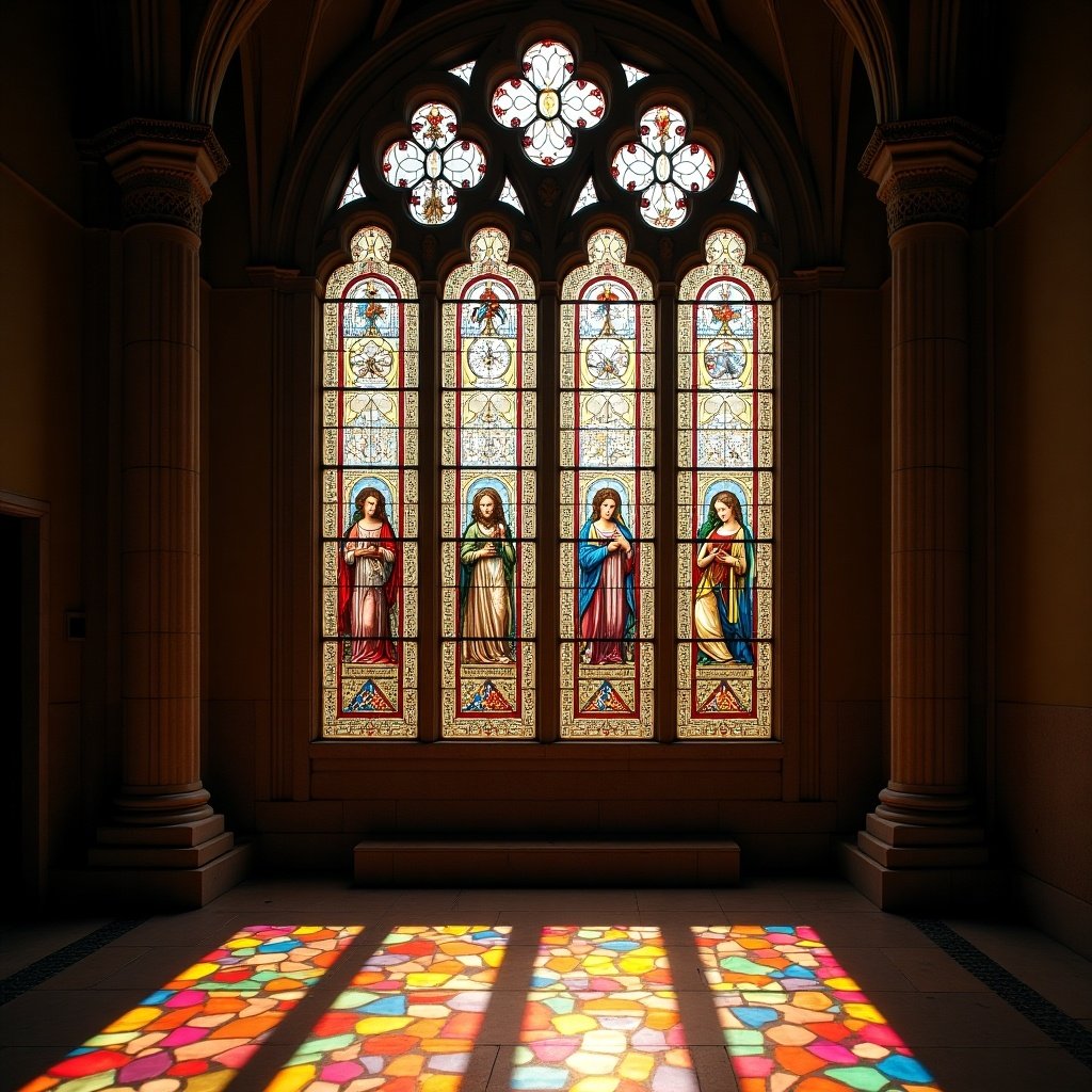 Display of stained glass windows in a church. Natural light shines through colorful glass. Patterns and colors reflected on the stone floor. Rich historical architecture surrounding the scene.