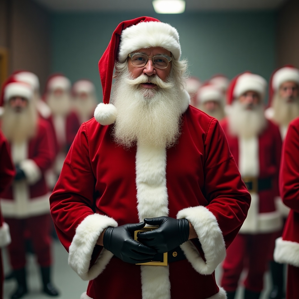 Realistic scene depicting multiple Santas in a gym setting.