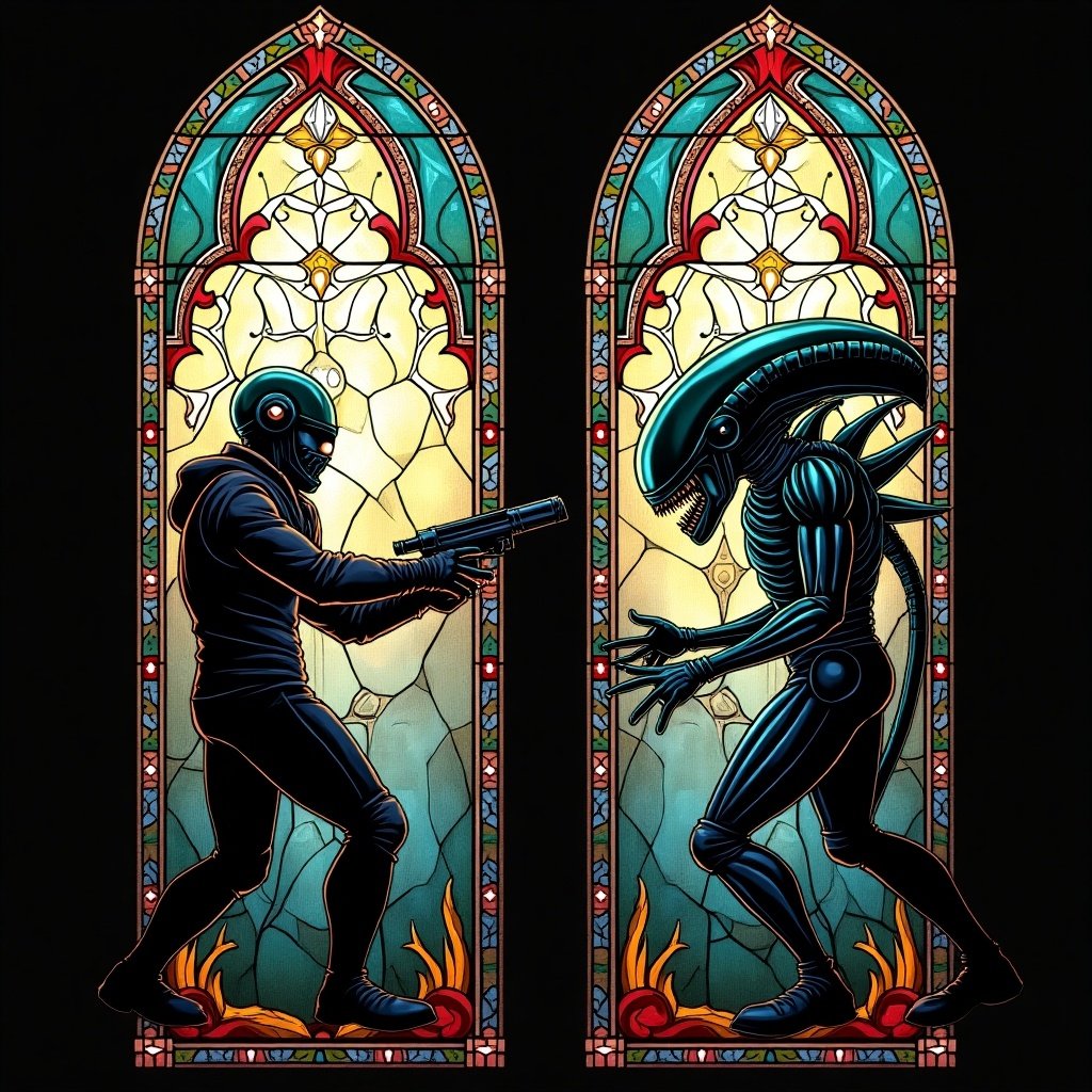 Stained glass windows show the engineer from the Alien Prometheus movie facing the alien. Colorful and intricate designs decorate the glass. Figures are outlined prominently against the bold background.