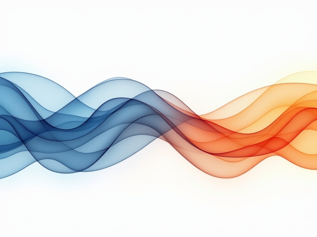 Abstract waves of blue and orange layers flow elegantly across a white background. The design features smooth, flowing curves that create a sense of movement and fluidity. The blue layers are soft and calming, while the orange layers add a vibrant contrast. This image embodies a modern aesthetic, suitable for various applications. Overall, it creates a harmonious balance between cool and warm tones, making it visually appealing.