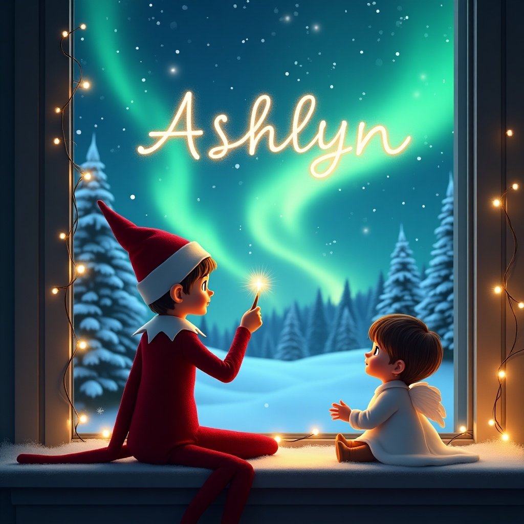 The image features an elf on the shelf sitting on a windowsill, facing a beautiful night sky where the Northern Lights dance. The elf has a wand in hand, creating sparkles as it magically writes the name 'Ashlyn' in the sky. Next to it, a small boy angel attentively watches the scene with wonder in his eyes. The background showcases a serene winter landscape, covered in soft snow, with evergreen trees gently illuminated. Glowing lights enhance the festive feel, making this moment enchanting and joyful.