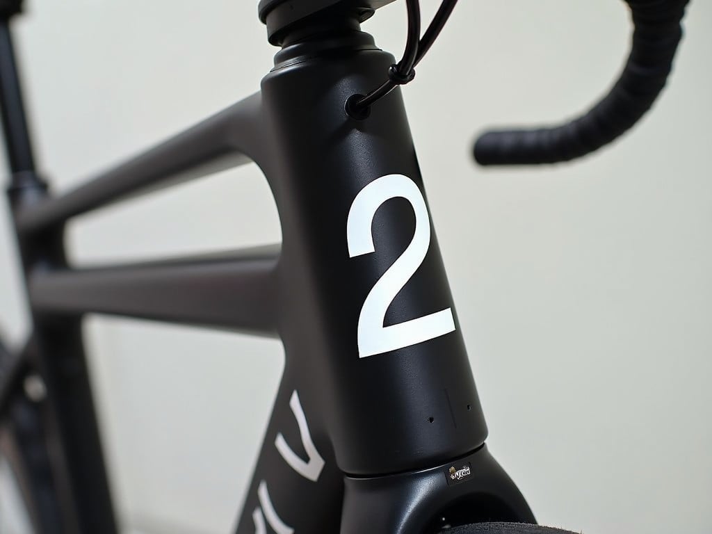 This image features a close-up of a bicycle frame highlighting the prominent number '2' affixed to the frame. The frame is sleek and modern, designed for competitive racing. The number is placed strategically for visibility during cycling events. The overall aesthetic is minimalist, with a black frame and white number providing a striking contrast. This design is typical for competitor bikes in championships, ensuring easy identification during races.