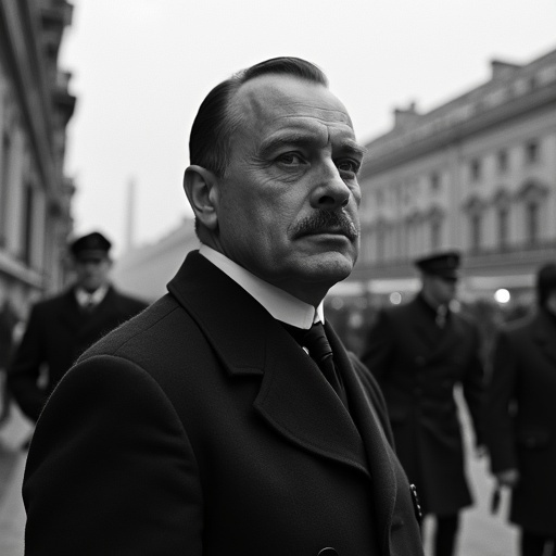 A black and white image features a stern man with a well-groomed mustache. He wears a formal coat. The setting suggests a historical period in Paris. Background includes indistinct figures reflecting the era.