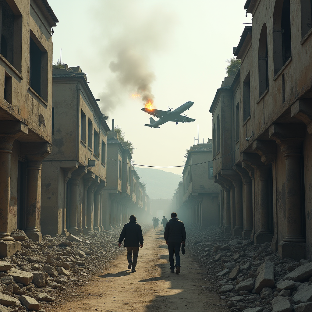 A plane engulfed in flames flies over a desolate street in a derelict urban area.