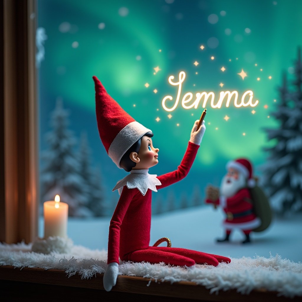 Elf on the shelf faces the sky. Uses a wand to write in the air. Background features a magical Christmas scene. Northern lights visible. Santa appears in the background. The elf writes the name 'Jemma'.