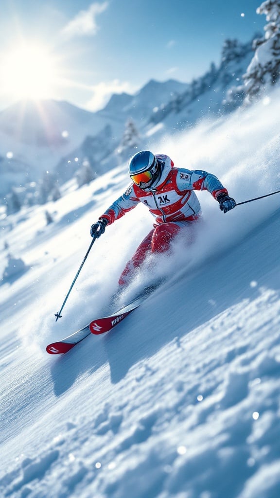 A hyper-detailed 8K sports photograph of a downhill skier captures winter sports essence. The skier performs dynamically in bright daytime snow. The sunlight highlights body contours and creates depth. Taken with a professional high-end DSLR camera. The image emphasizes vivid contrasting colors and physical agility.