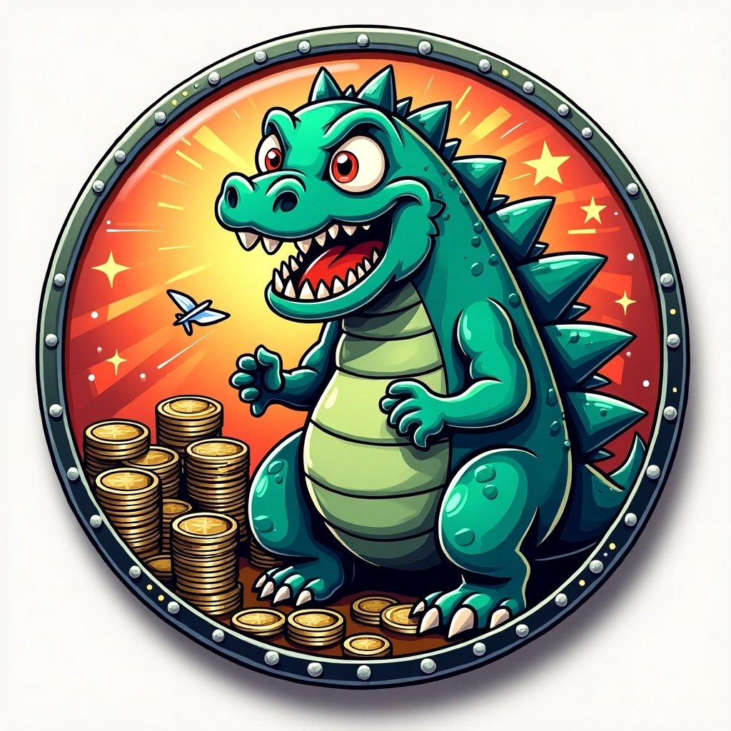 A cartoon dinosaur character stands triumphantly on top of stacks of gold coins. The background is bright with stars and dynamic colors. A small fly buzzes nearby. The dinosaur has a playful expression and spikes along its back. It conveys a sense of wealth and fun related to meme coins.