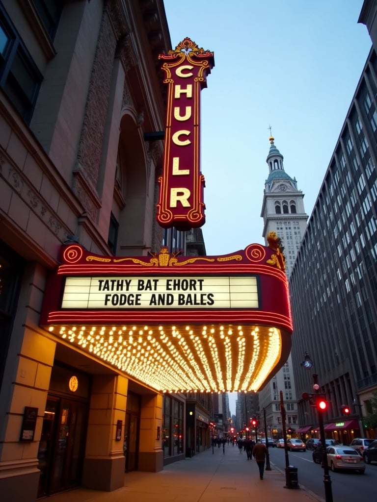 Marquee of a theater building seen from street level. Two-point perspective emphasizes architectural details. Soft evening light highlights the illuminated marquee. Bustling urban environment in view.