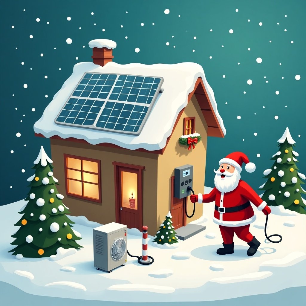 Christmas scene with Santa Claus beside a house that has solar panels and an EV charger. The house features a heat pump. Snow covers the ground and pine trees add to the festive atmosphere. Warm light emanates from the windows.