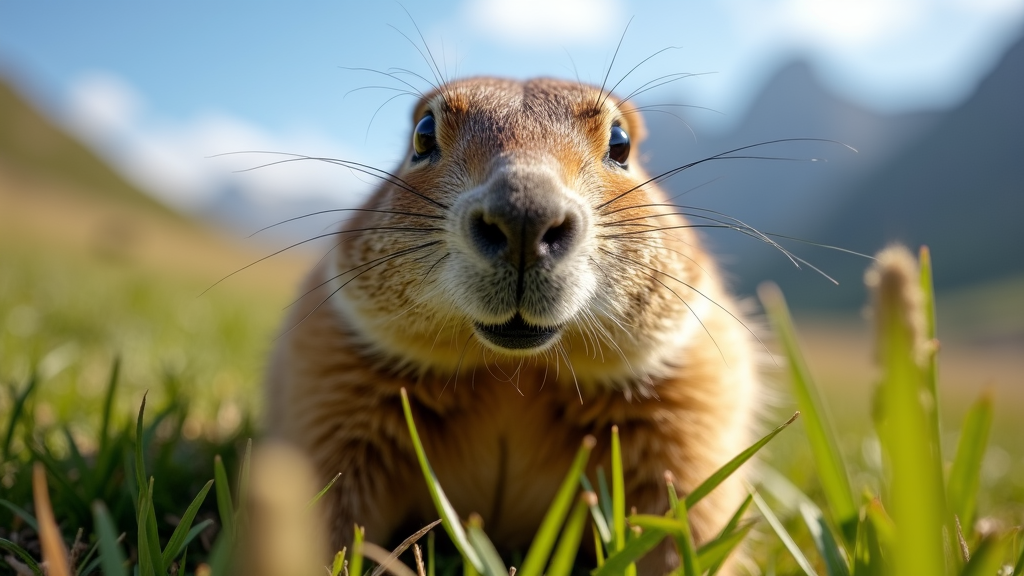 A curious prairie dog is pictured up close with its nose and whiskers prominently displayed against a backdrop of a grassy field and distant mountains.