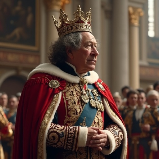 A figure dressed in opulent royal attire stands majestically. The figure wears a grand crown and a detailed cape. The scene is filled with other dressed figures in the background, creating a sense of royal assembly. The atmosphere radiates power and authority with a historical context.