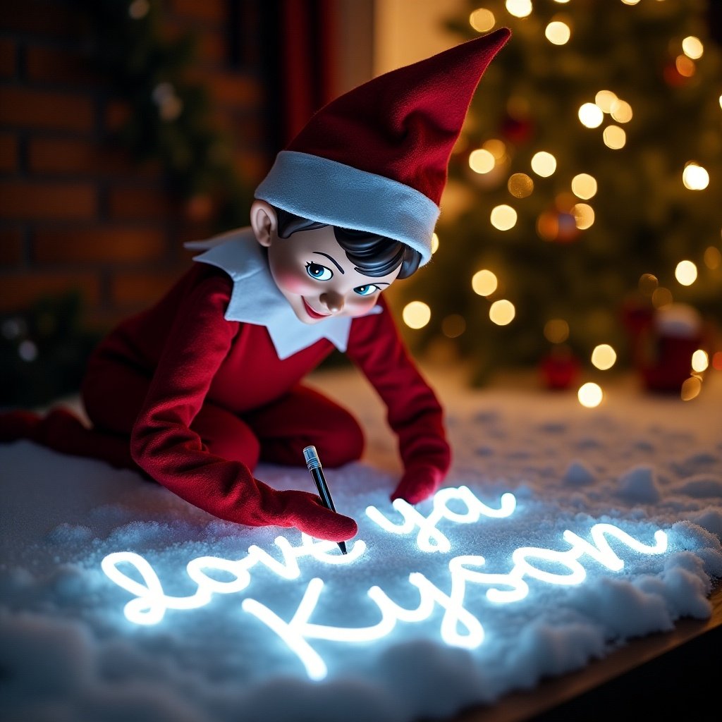 Elf on the shelf writes in the snow using magical lights. 'Love ya Kyson' is beautifully written in cursive. Scene captures holiday spirit and joy.