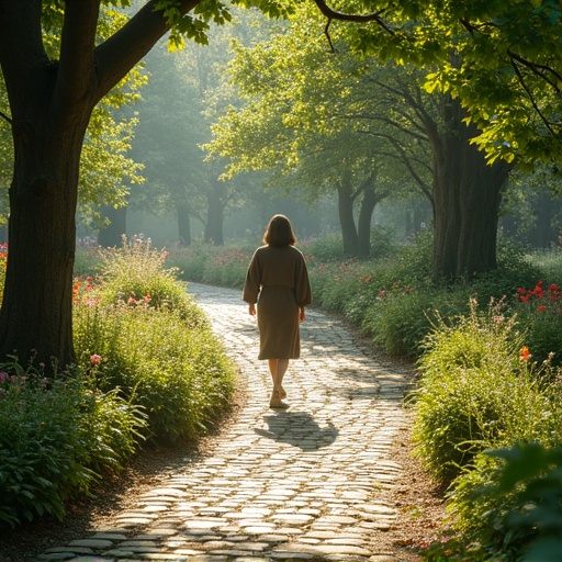 A woman in a beige robe walks along a sunlit cobblestone path through a lush garden. The path is surrounded by flowering plants and tall trees. Soft light filters through the leaves creating a serene atmosphere.