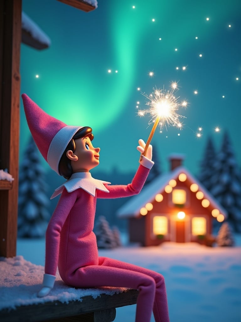 Pink elf on the shelf sits back to viewer gazing skyward. Holding glowing wand emitting sparkling light. Colorful northern lights in background. Cozy holiday house in distance. Snow covers ground enhancing winter atmosphere.