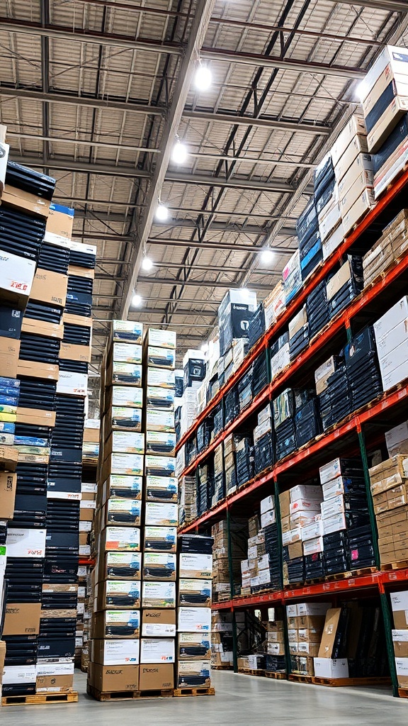 A warehouse aisle filled with towering stacks of assorted boxes and packages.