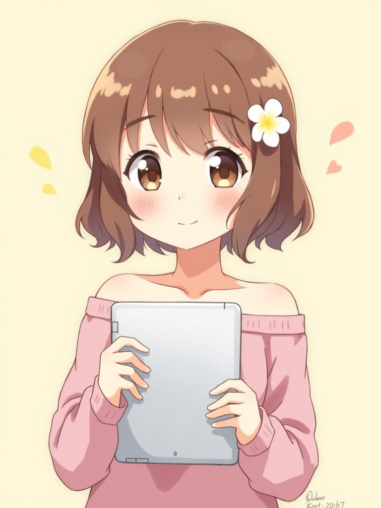 Anime girl holding a tablet. Soft brown hair with flower clip. Friendly expression with rosy cheeks. Wearing off-shoulder top. Light beige background enhances focus. Vibrant colors with cartoonish style.