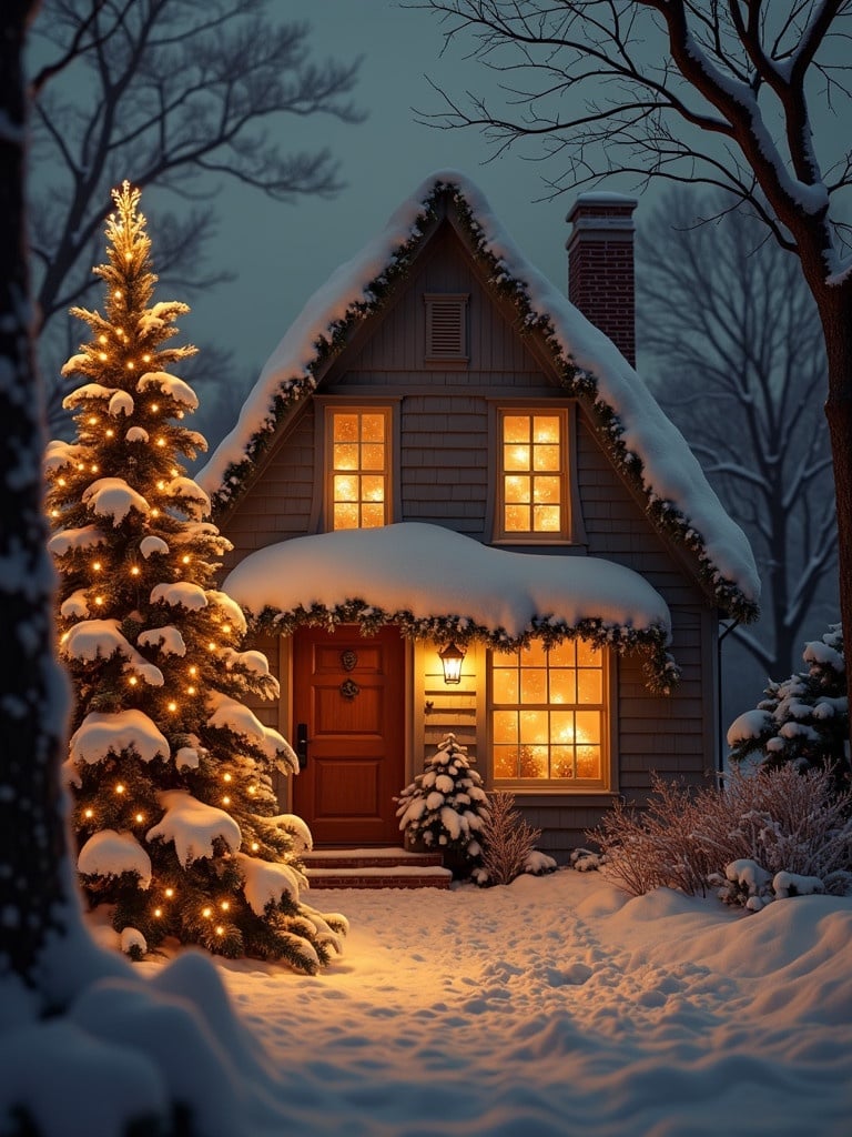 A cozy house during winter decorated for Christmas. A tall Christmas tree with lights stands beside it. The house has warm lights glowing from the windows. Snow covers the ground and trees. A welcoming front door adorned with greenery awaits.