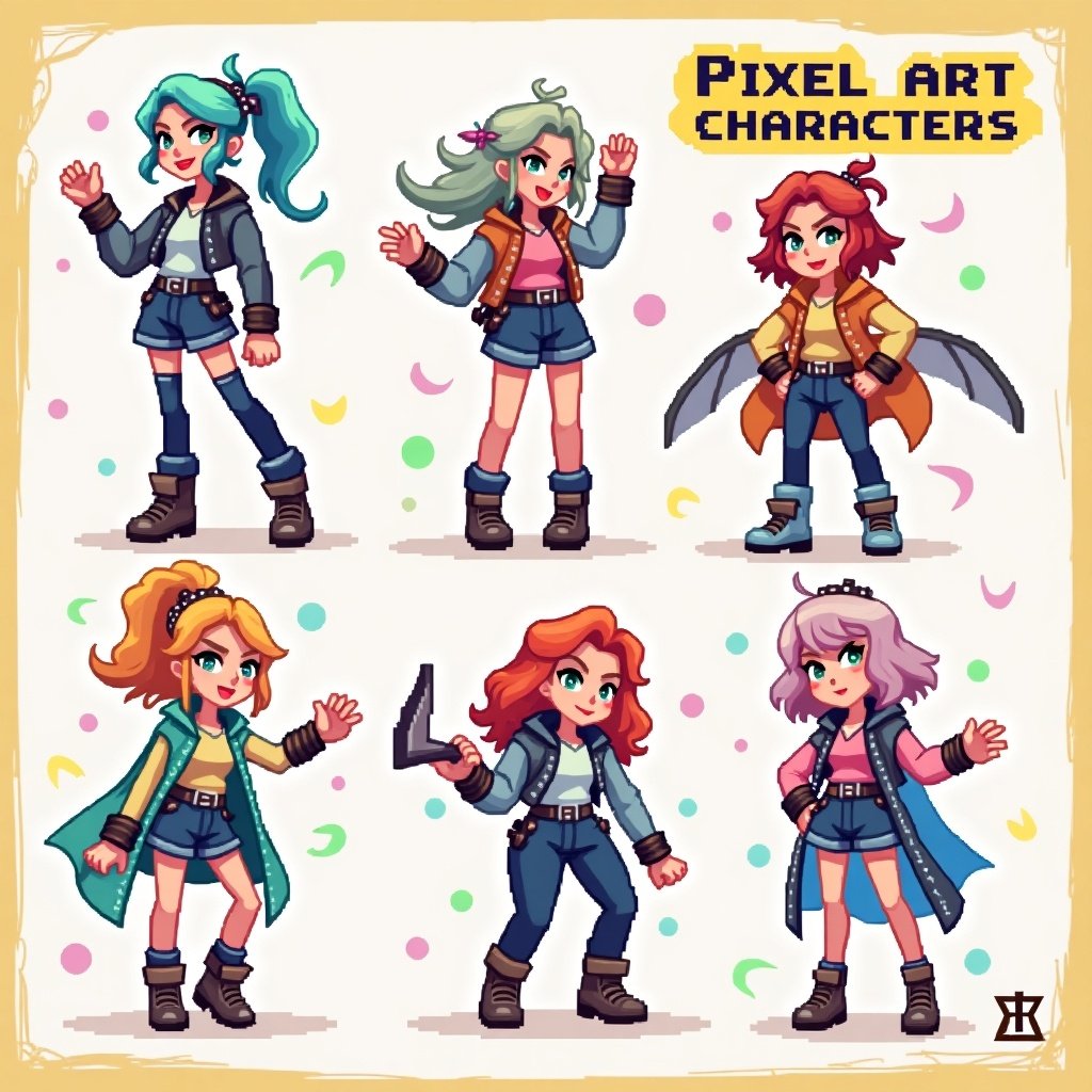 Pixel art characters designed for indie games. Features female pixel art characters in vibrant colors. Characters show various poses and outfits. Suitable for game design and creative projects.