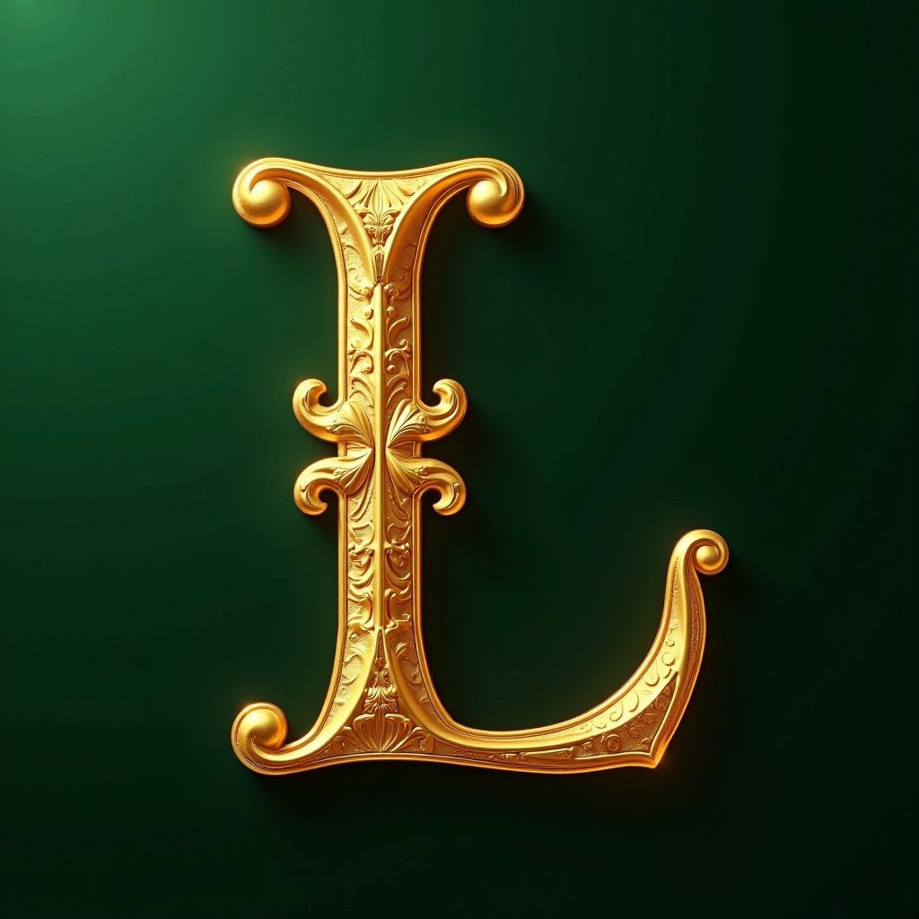 The image features a luxurious and ornate letter 'L', rendered in a shiny golden texture. The letter exhibits an embossed, three-dimensional effect that showcases intricate details, giving it an elegant and sophisticated appearance. The background is a deep, rich green, creating a striking contrast with the golden hue of the letter. Overall, the composition exudes a sense of refinement and opulence. The style recalls classic typography and design aesthetics, making it ideal for high-end applications.