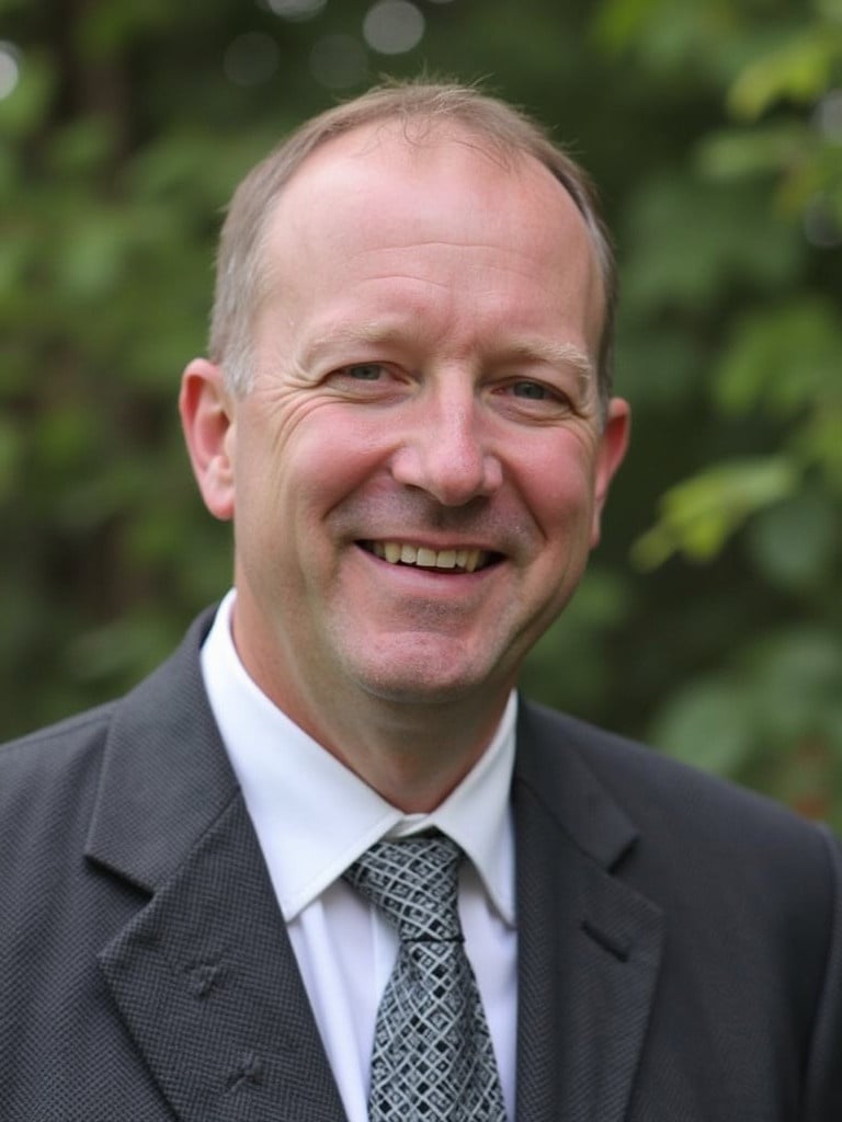 A man dressed in a formal suit stands in an outdoor setting. Green foliage in the background suggests a professional yet relaxed atmosphere. The man appears confident and approachable.