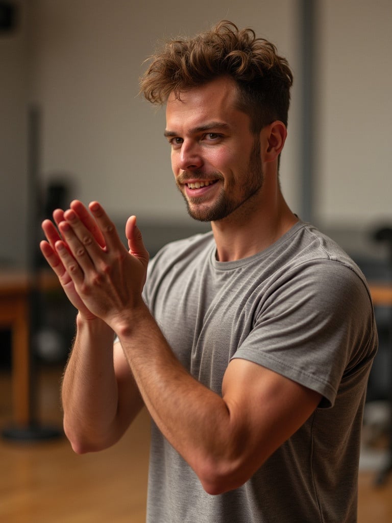 A man clapping with his hands. He has a toned physique and a gray t-shirt. His arms are muscular and positioned in a clapping gesture. The background shows a gym-like environment, softly lit to enhance the ambience.