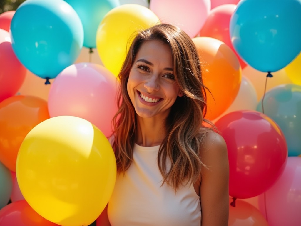 A young woman smiling joyfully surrounded by colorful balloons, outdoor setting, bright sunlight.