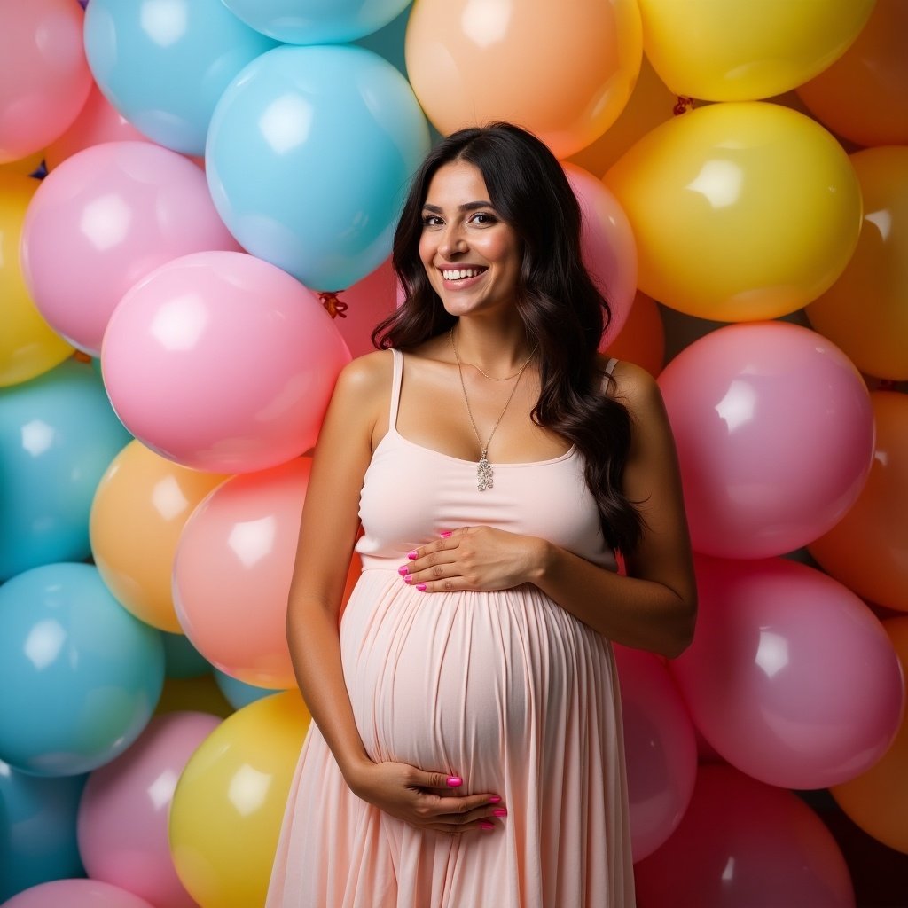 Pregnant woman poses in front of colorful balloons. The setting features pastel colors, capturing a joyful and vibrant atmosphere. The focus is on the expectant mother's graceful pose.